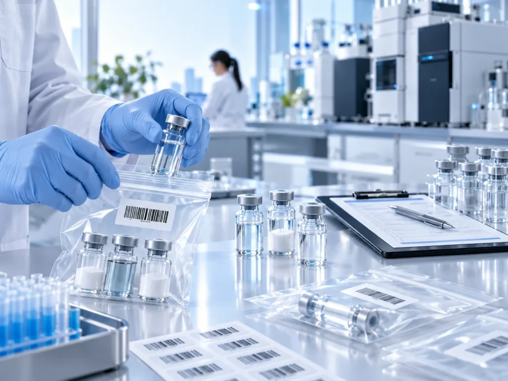 Illustrative sample intake with a gloved technician handling an unlabelled vial.